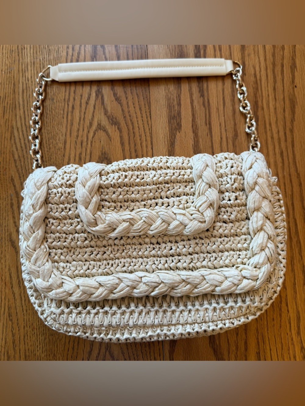 Woven Braided-Accent Shoulder Bag in Cream
